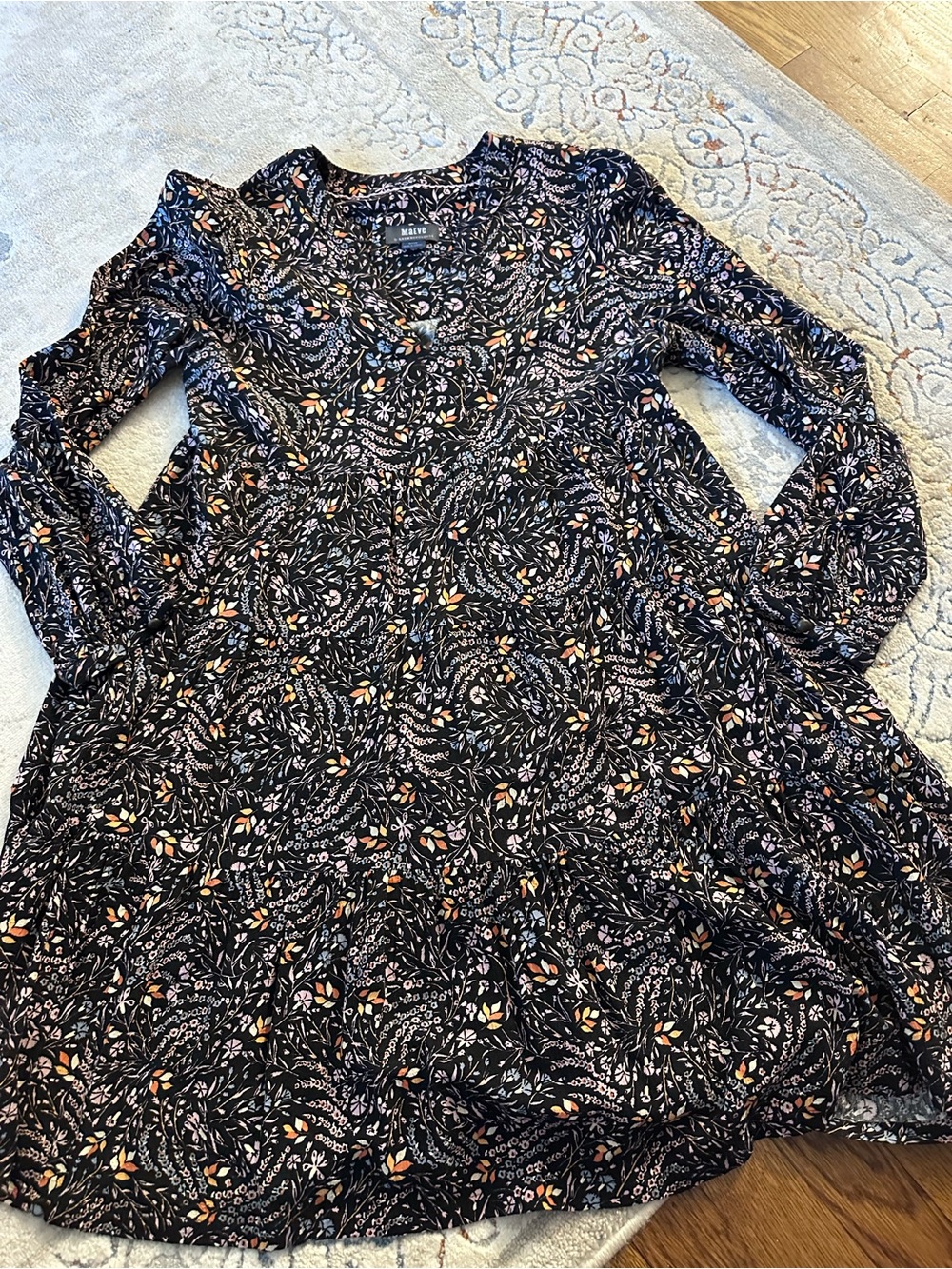 Anthropologie Maeve Black Dress with Pink and Gold Floral Print